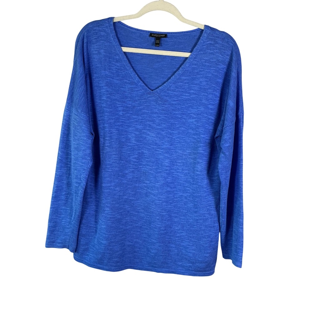 Eileen Fisher Petite Blue Linen Slub Knit V-Neck Relaxed Pullover Sweater PL